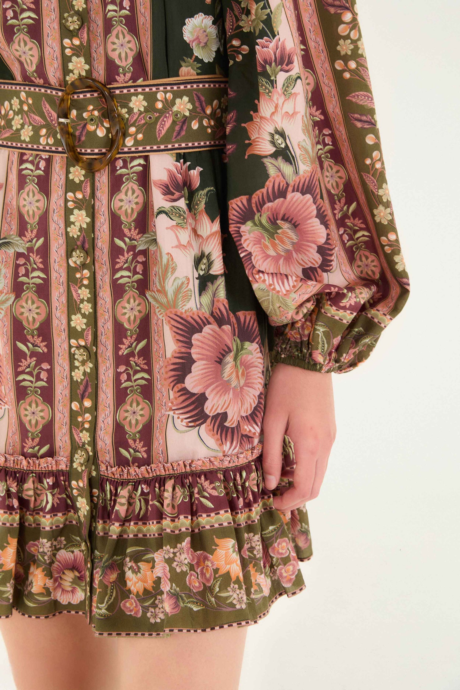 FARM Rio model wearing the Green Flowering Garden Tree Mini Dress