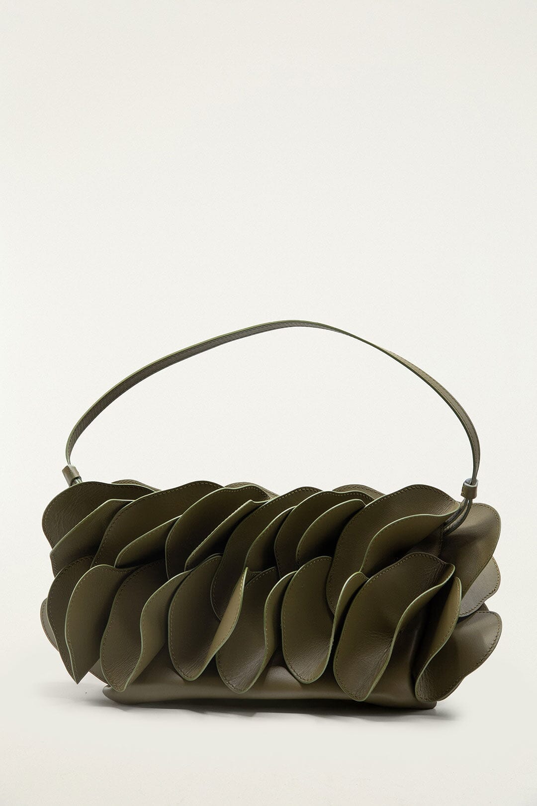 FARM Rio model wearing the Green Leather Shoulder Flower Bag