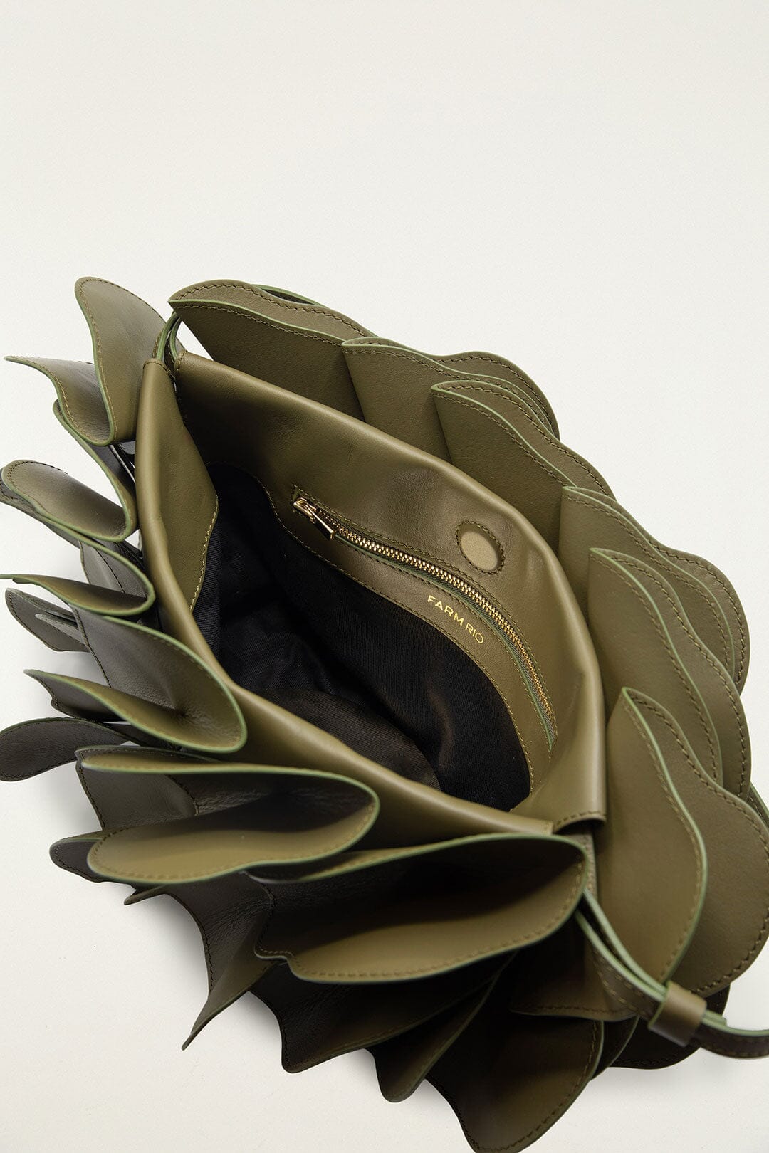 FARM Rio model wearing the Green Leather Shoulder Flower Bag