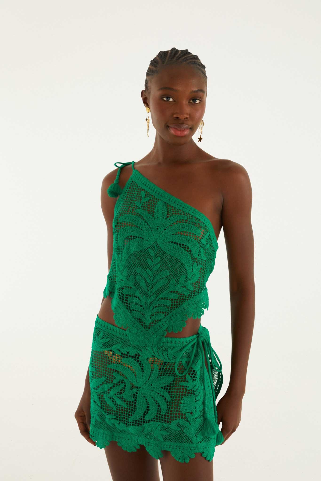 FARM Rio model wearing the Green One-Shoulder Sheer Blouse