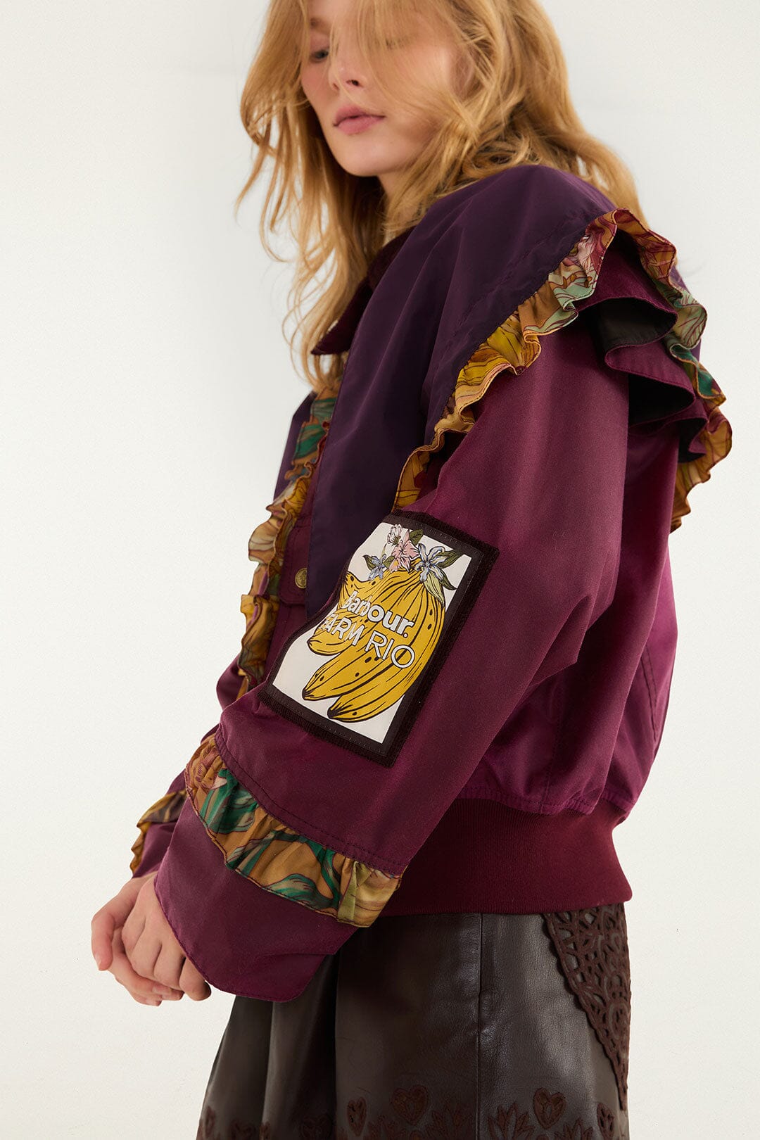 FARM Rio model wearing the Groove Ruflled Wax Jacket