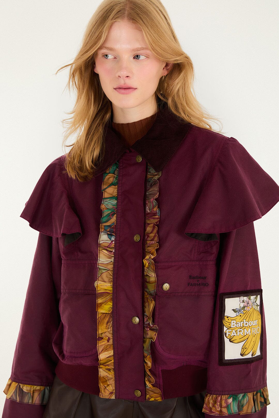 FARM Rio model wearing the Groove Ruflled Wax Jacket
