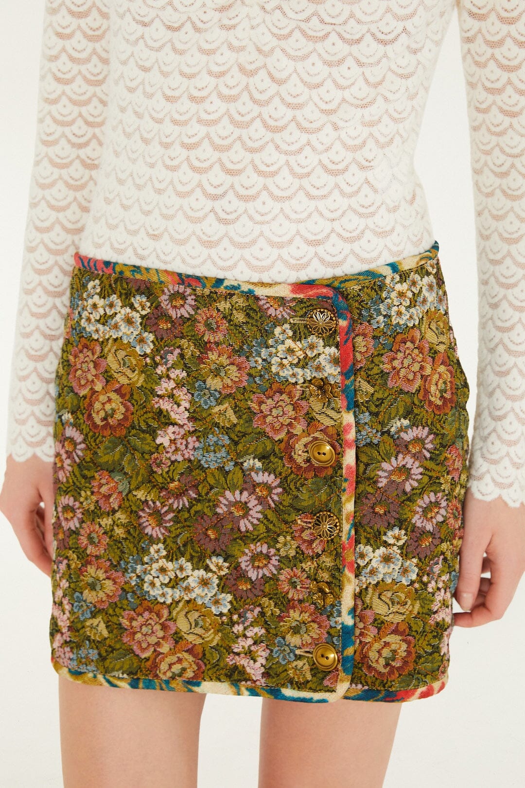 FARM Rio model wearing the Jacquard Arabesque Matelasse Mini Skirt