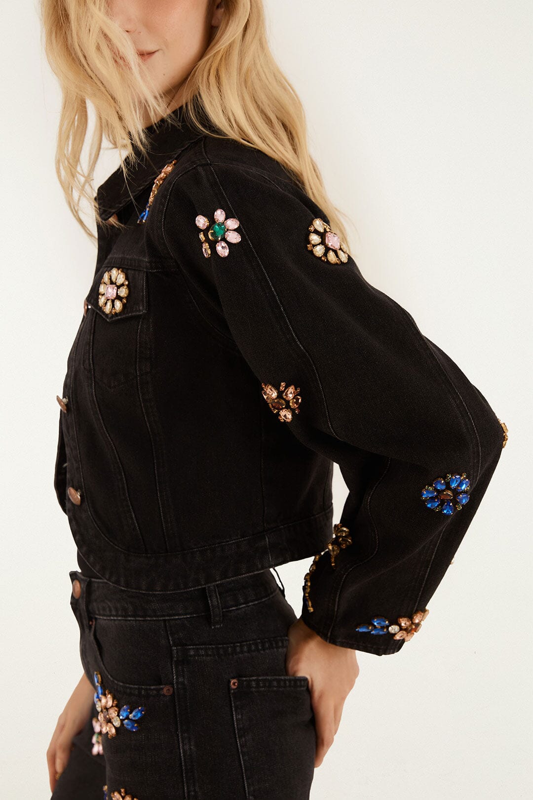 FARM Rio model wearing the Jewel Embroidered Denim Jacket