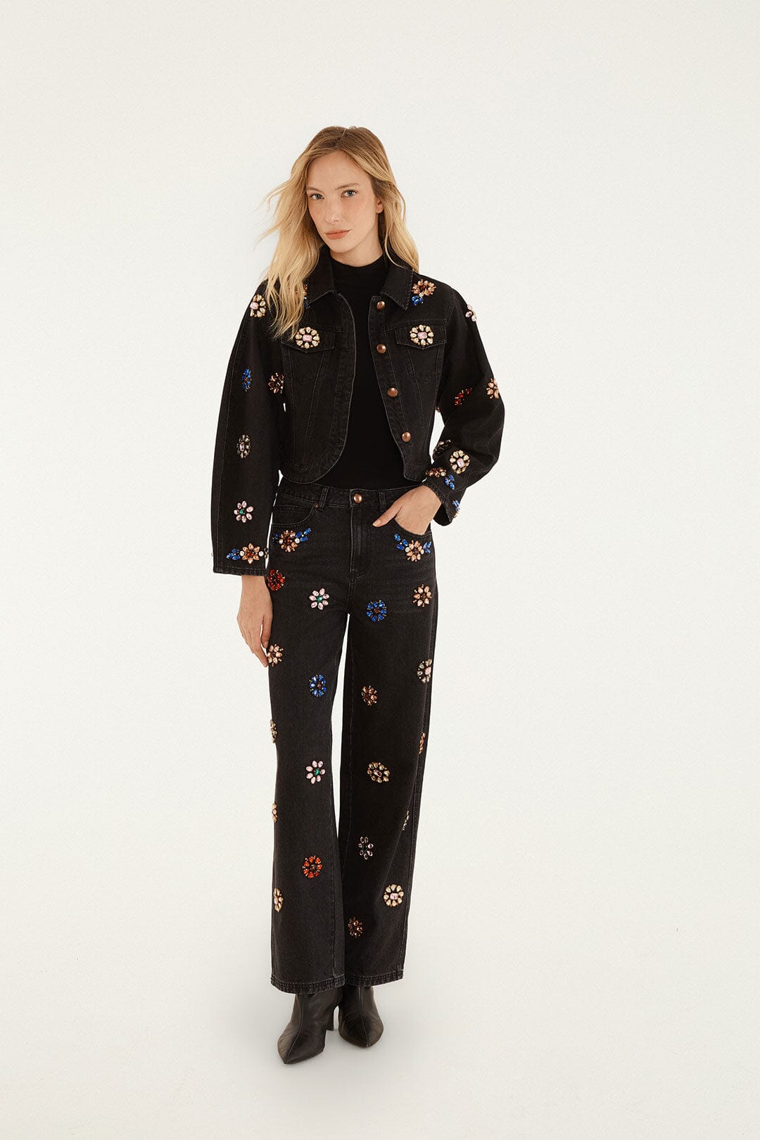 FARM Rio model wearing the Jewel Embroidered Denim Jacket