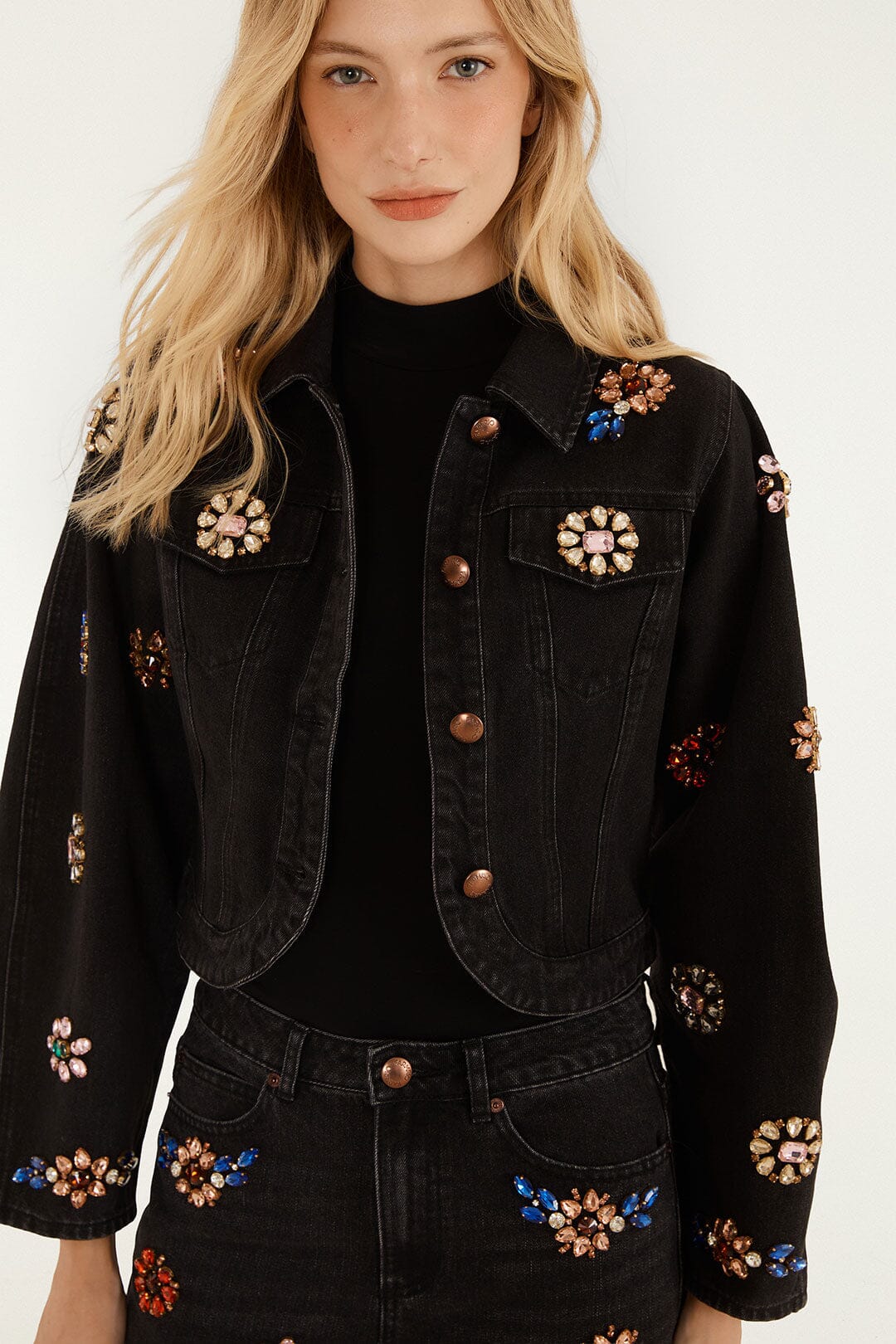 FARM Rio model wearing the Jewel Embroidered Denim Jacket