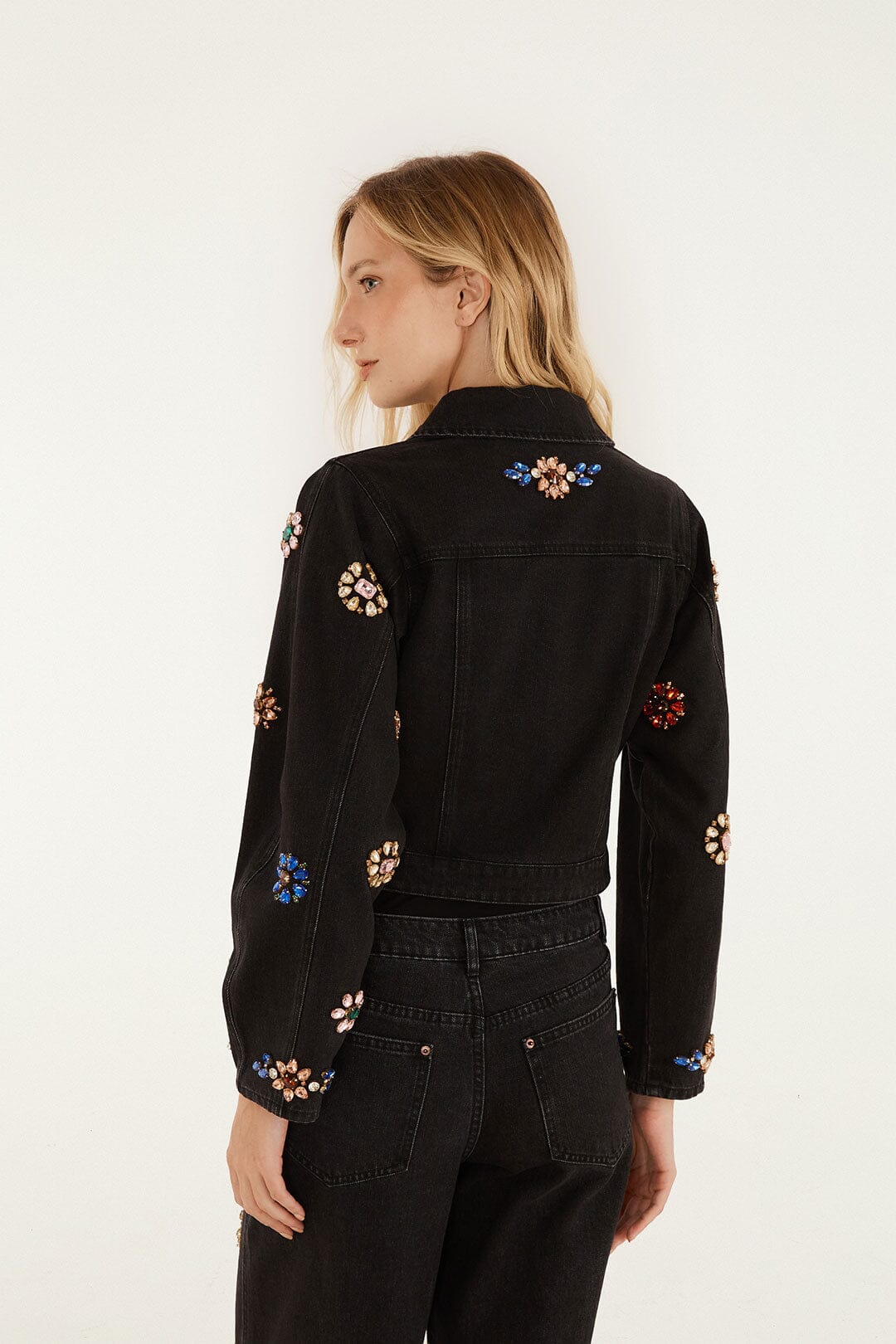 FARM Rio model wearing the Jewel Embroidered Denim Jacket