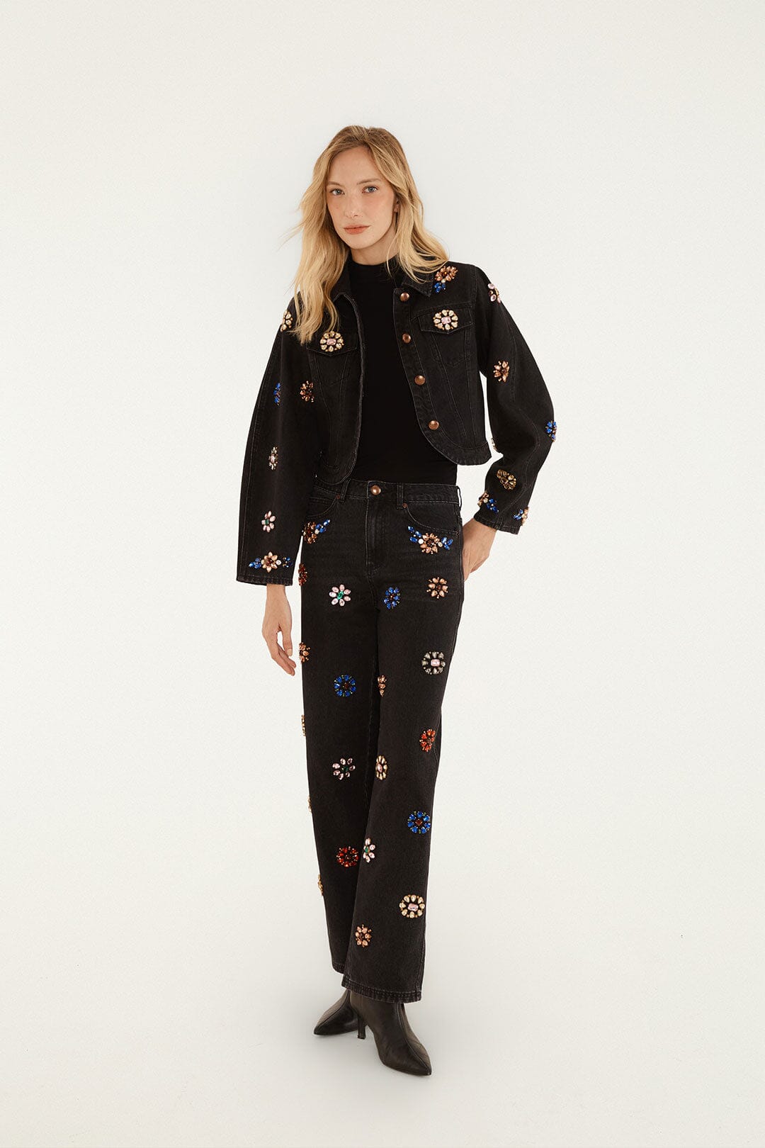 FARM Rio model wearing the Jewel Embroidered Denim Pants