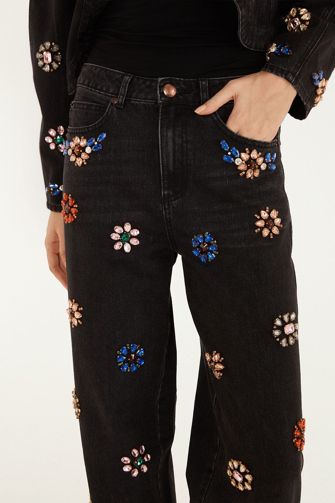 FARM Rio model wearing the Jewel Embroidered Denim Pants