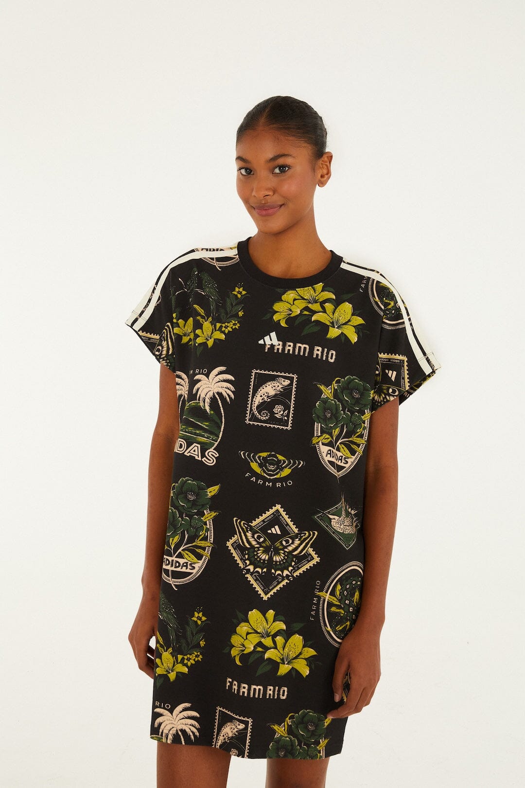 FARM Rio model wearing the Label Garden Black Adidas T Dress