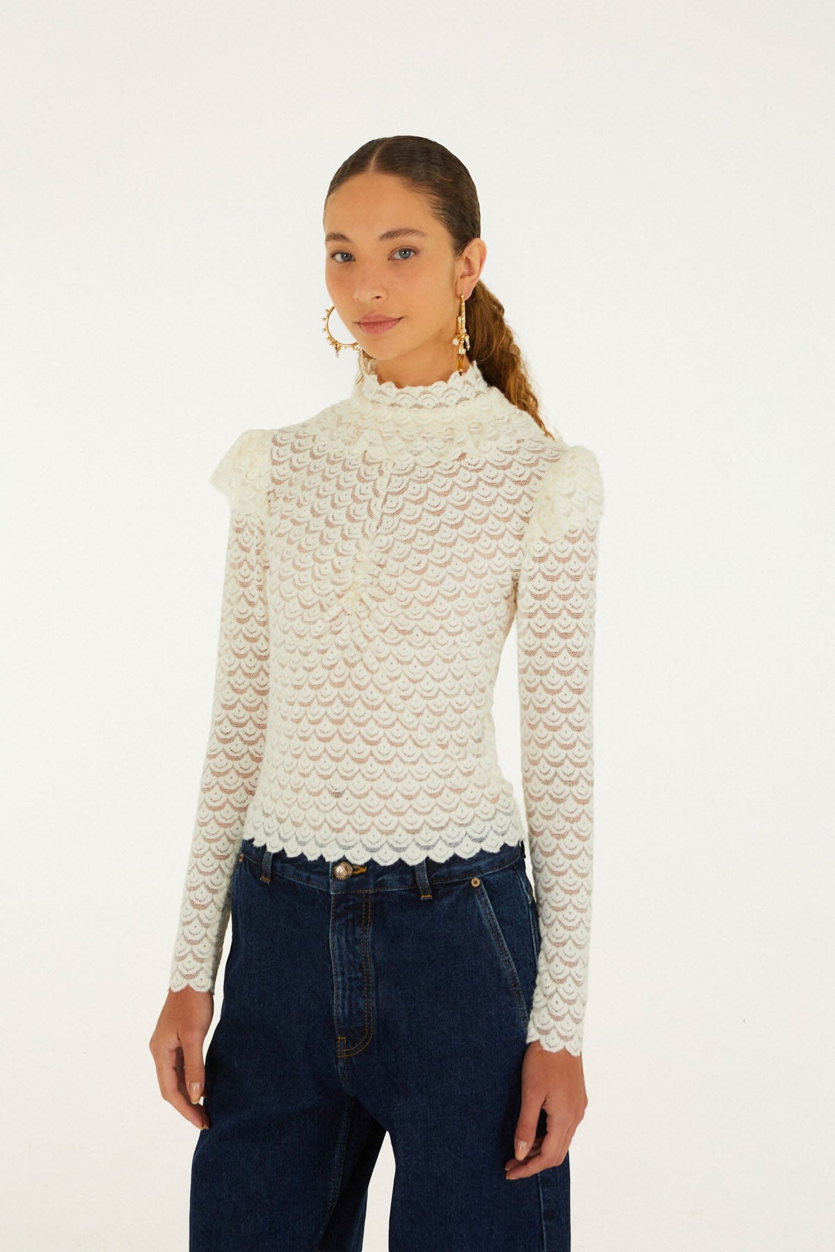 FARM Rio model wearing the Lace Long Sleeve Blouse