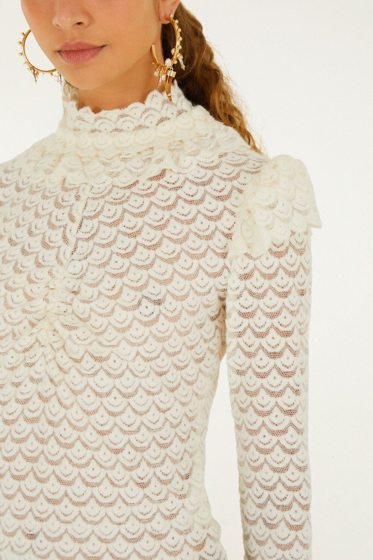 FARM Rio model wearing the Lace Long Sleeve Blouse