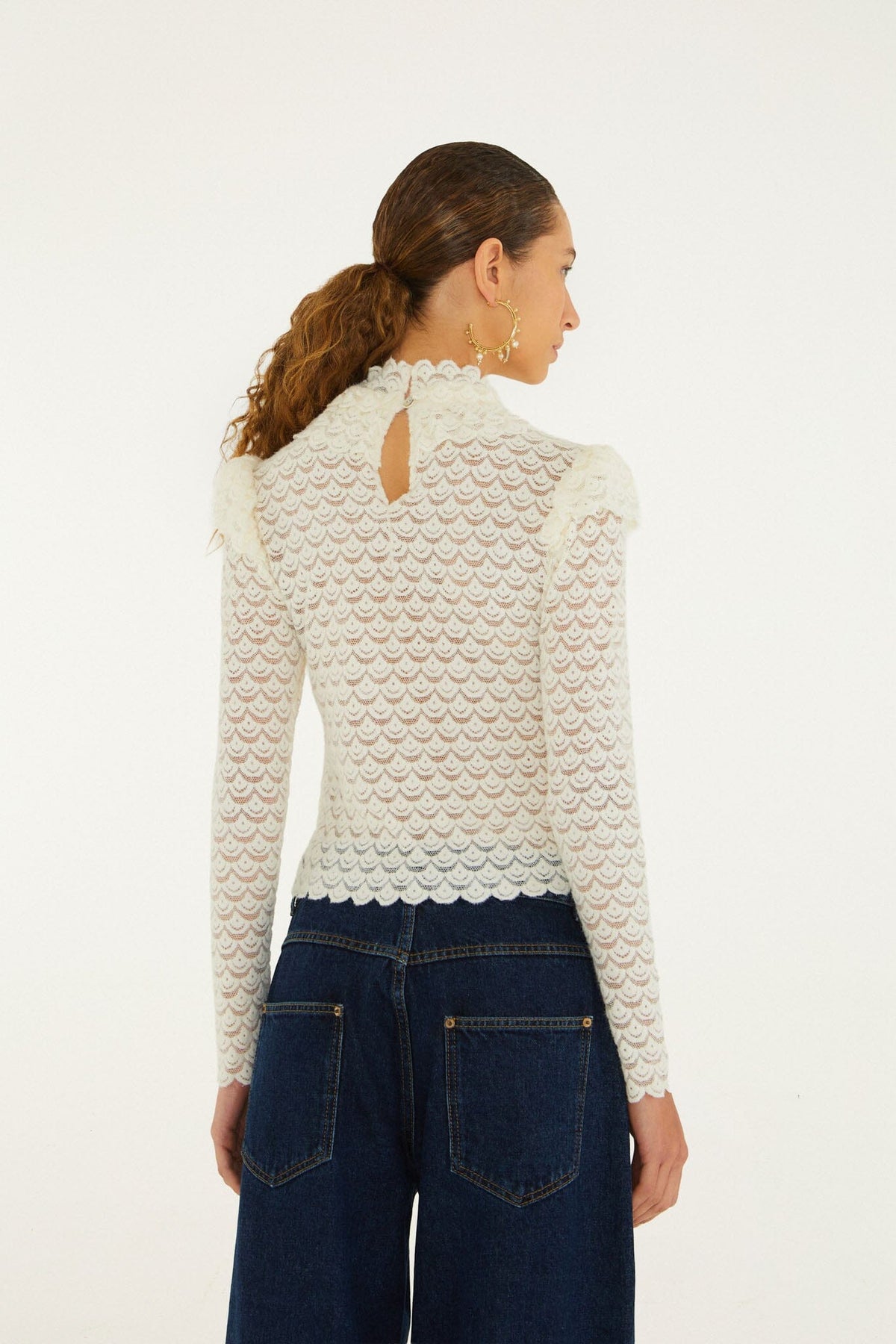 FARM Rio model wearing the Lace Long Sleeve Blouse