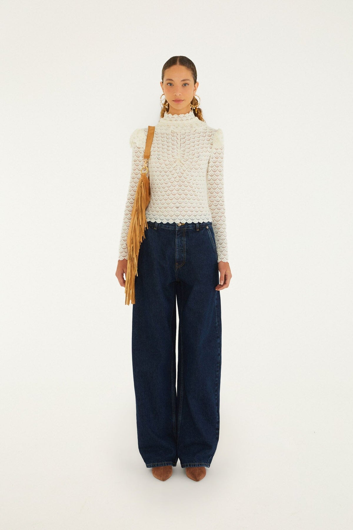 FARM Rio model wearing the Lace Long Sleeve Blouse