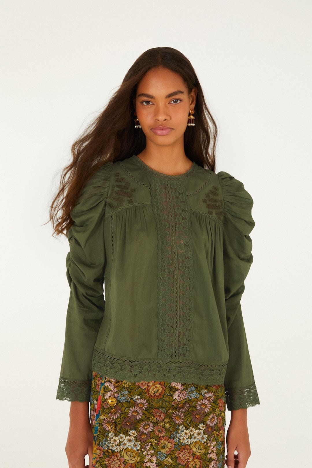 FARM Rio model wearing the Lace Ruched Sleeve Blouse