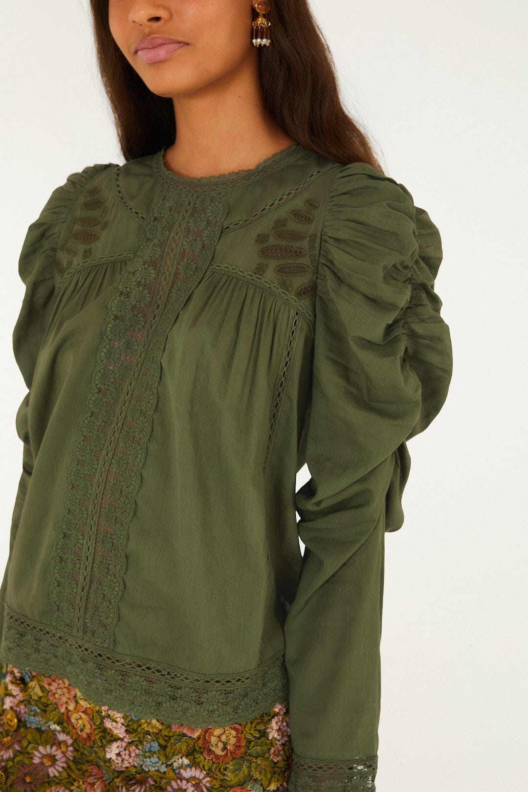 FARM Rio model wearing the Lace Ruched Sleeve Blouse