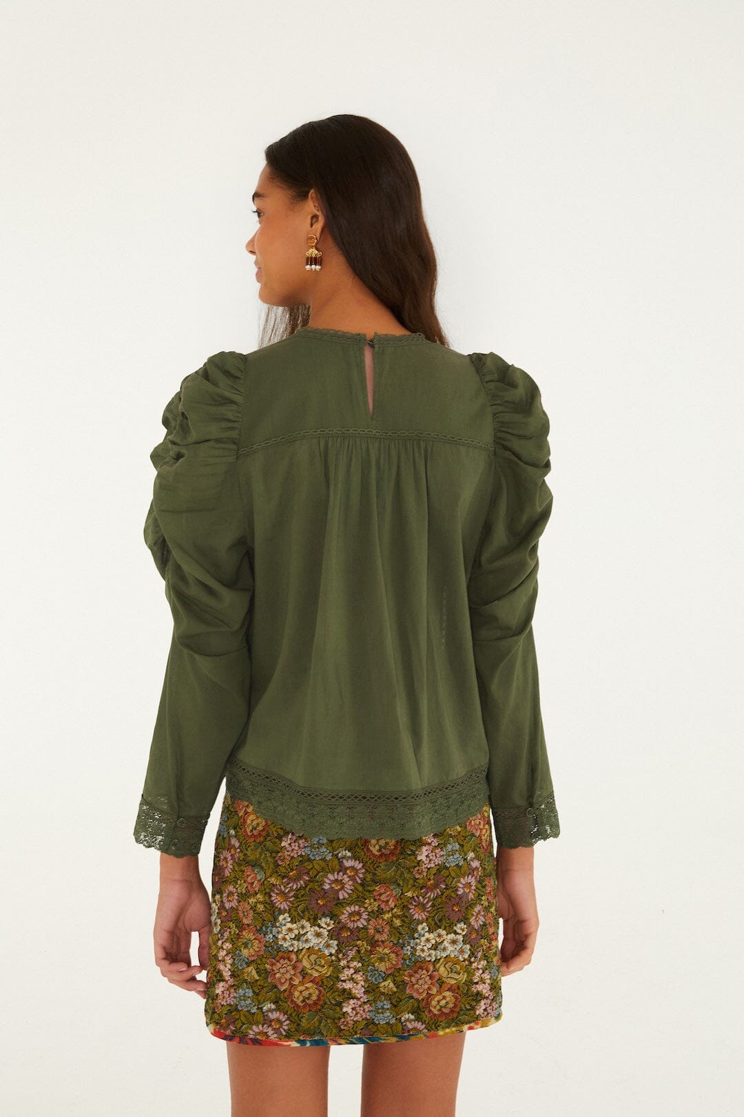 FARM Rio model wearing the Lace Ruched Sleeve Blouse