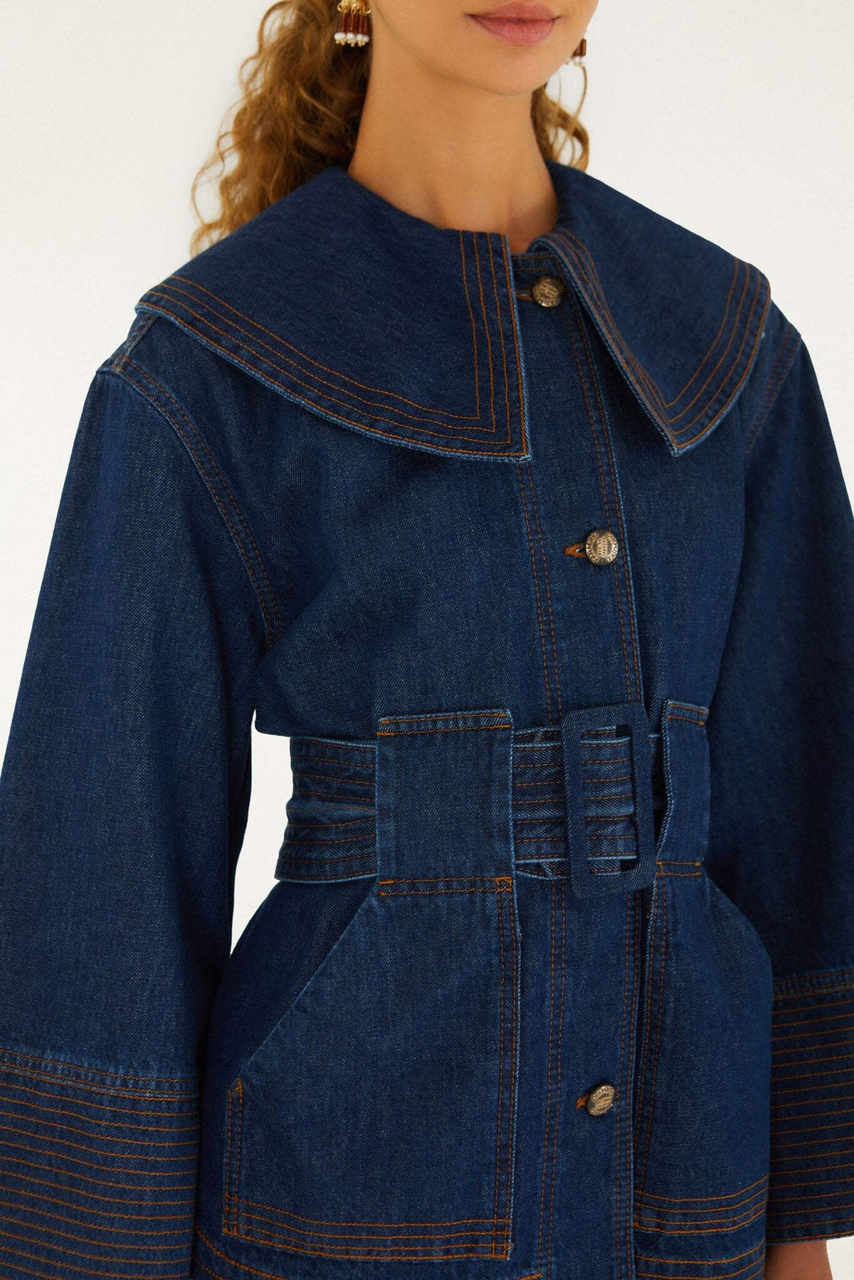 FARM Rio model wearing the Lapel Belted Denim Trench Coat