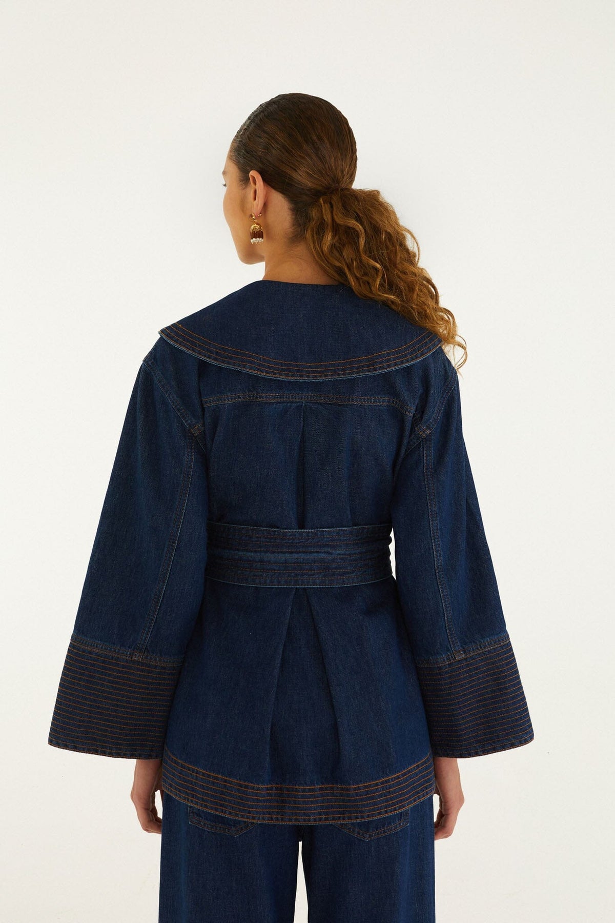 FARM Rio model wearing the Lapel Belted Denim Trench Coat
