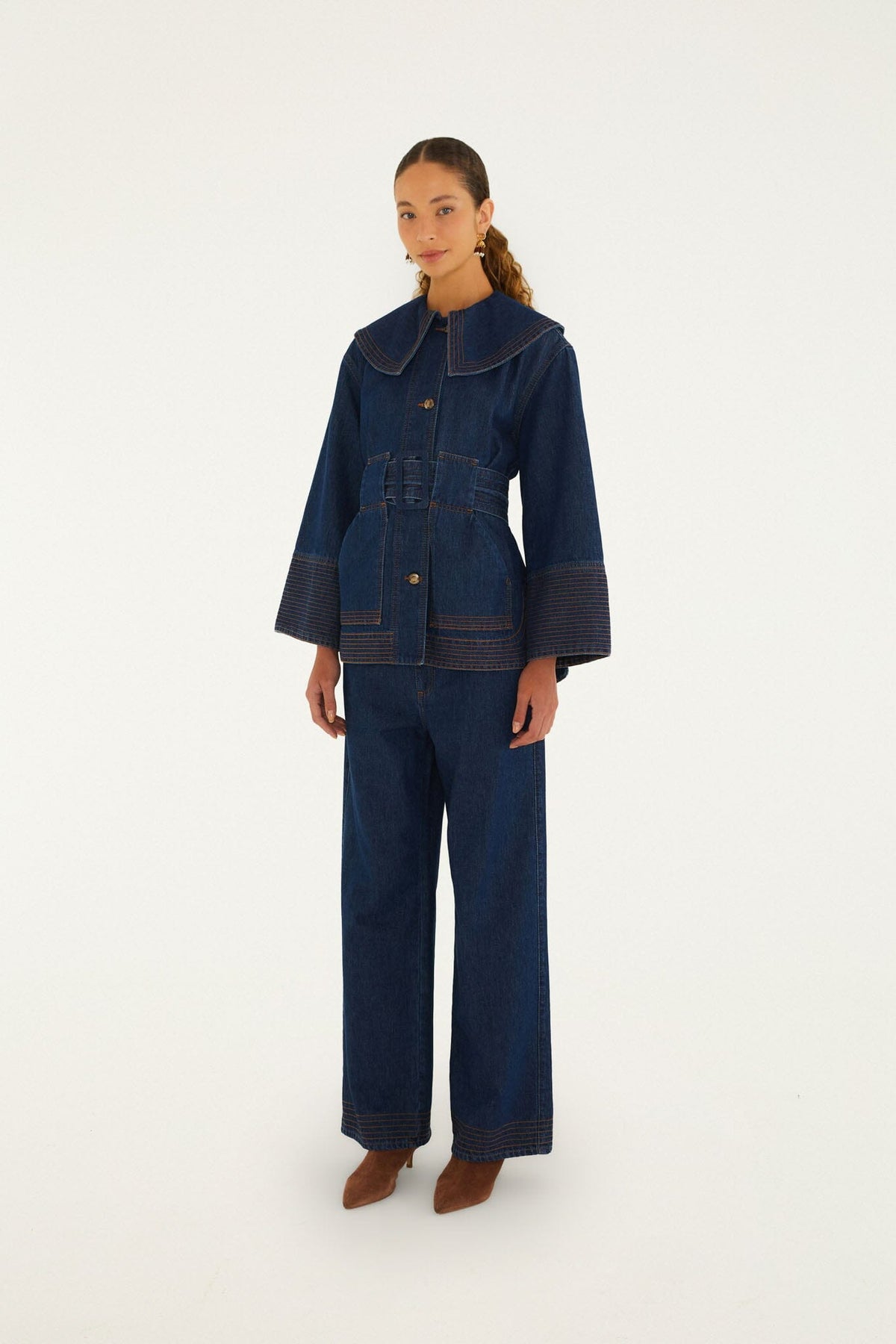 FARM Rio model wearing the Lapel Belted Denim Trench Coat