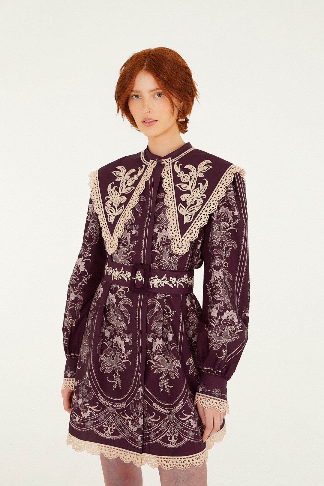 FARM Rio model wearing the Lara Lace Long Sleeve Mini Dress