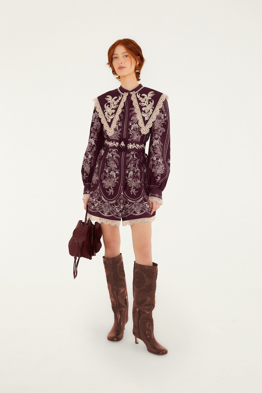 FARM Rio model wearing the Lara Lace Long Sleeve Mini Dress