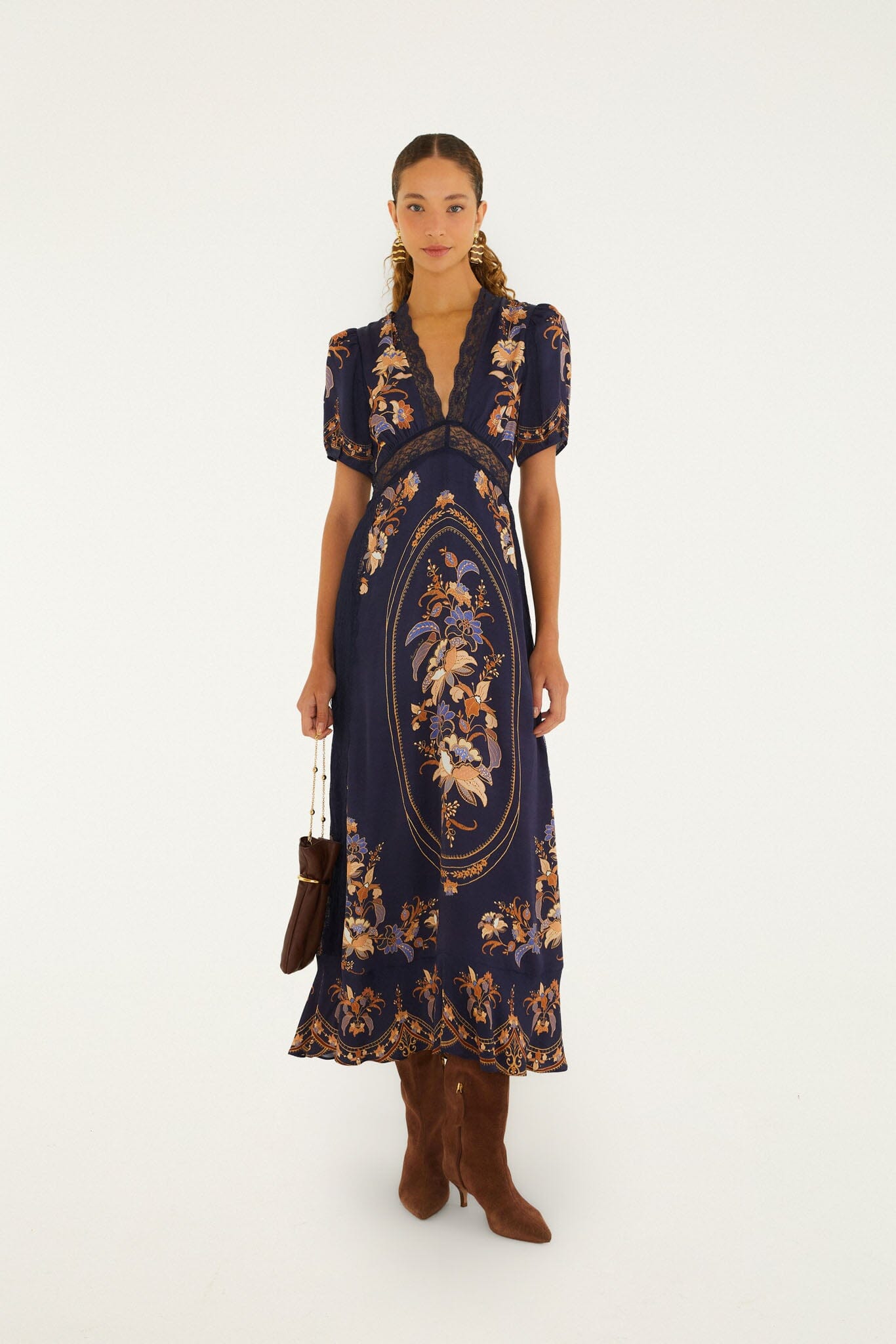 FARM Rio model wearing the Lara Lace Puff Sleeve Maxi Dress