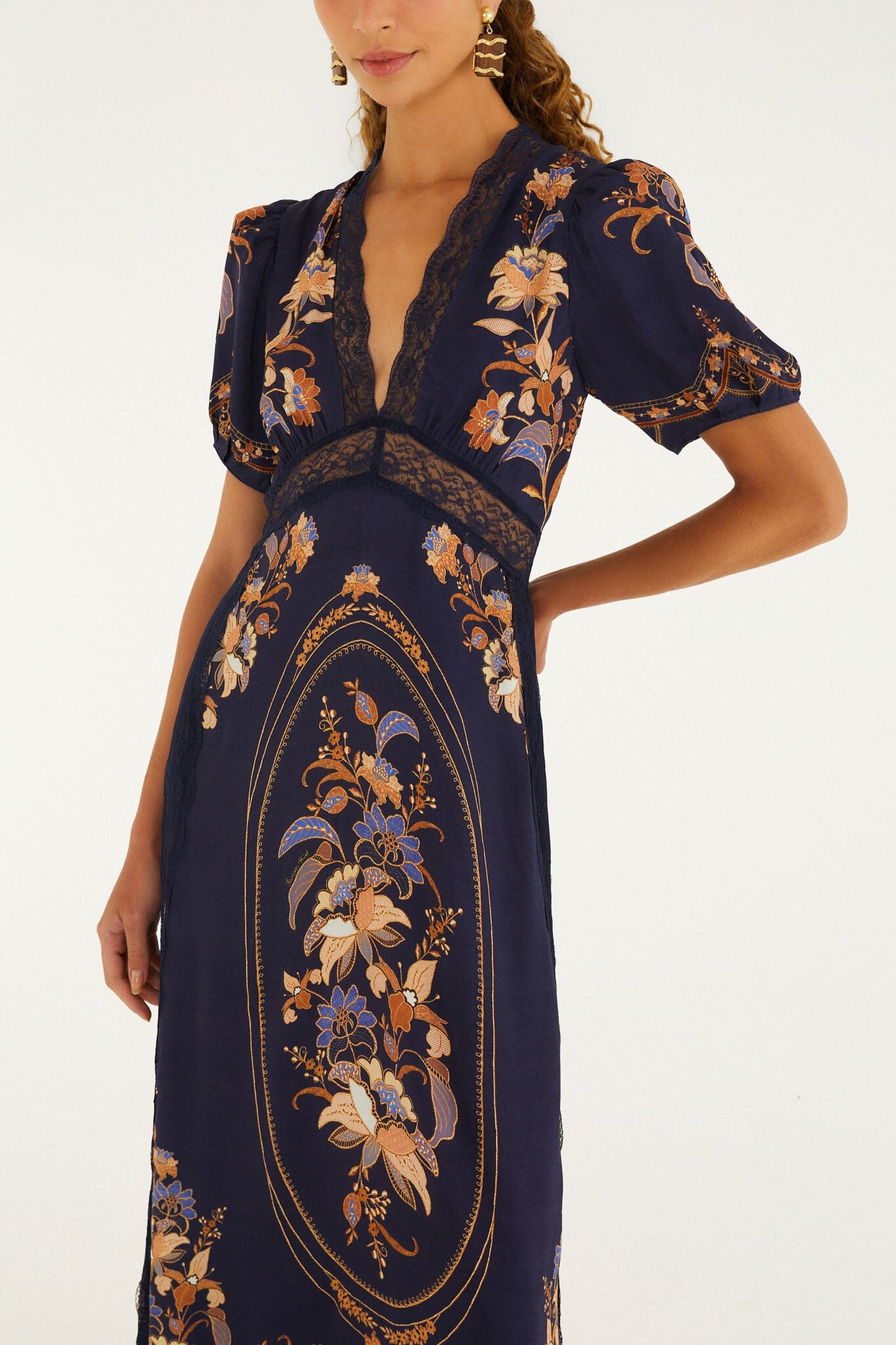 FARM Rio model wearing the Lara Lace Puff Sleeve Maxi Dress