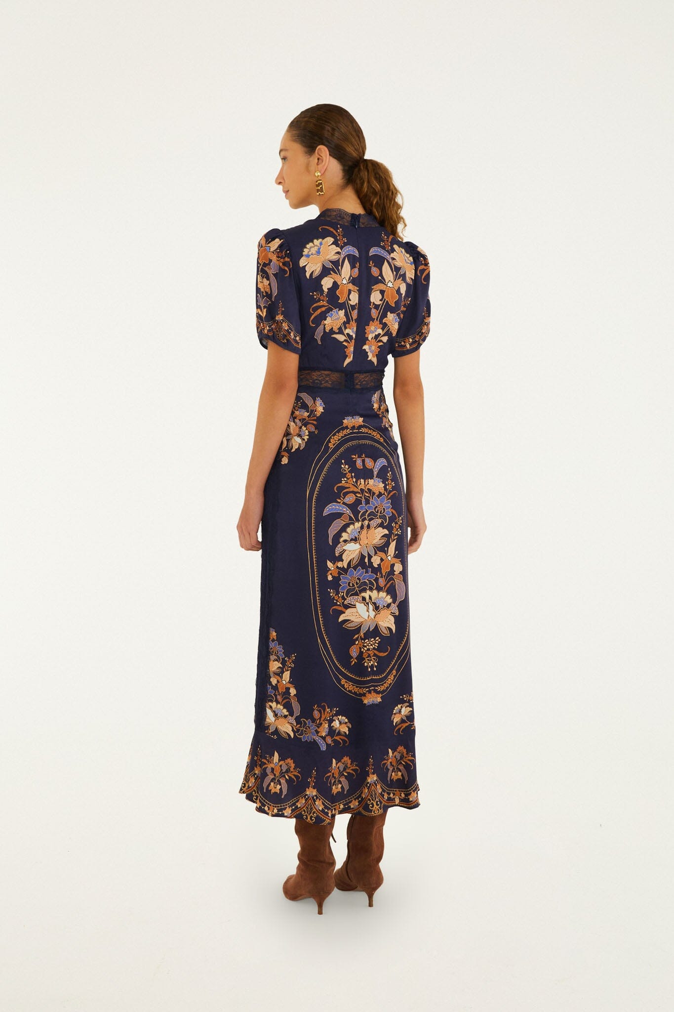 FARM Rio model wearing the Lara Lace Puff Sleeve Maxi Dress
