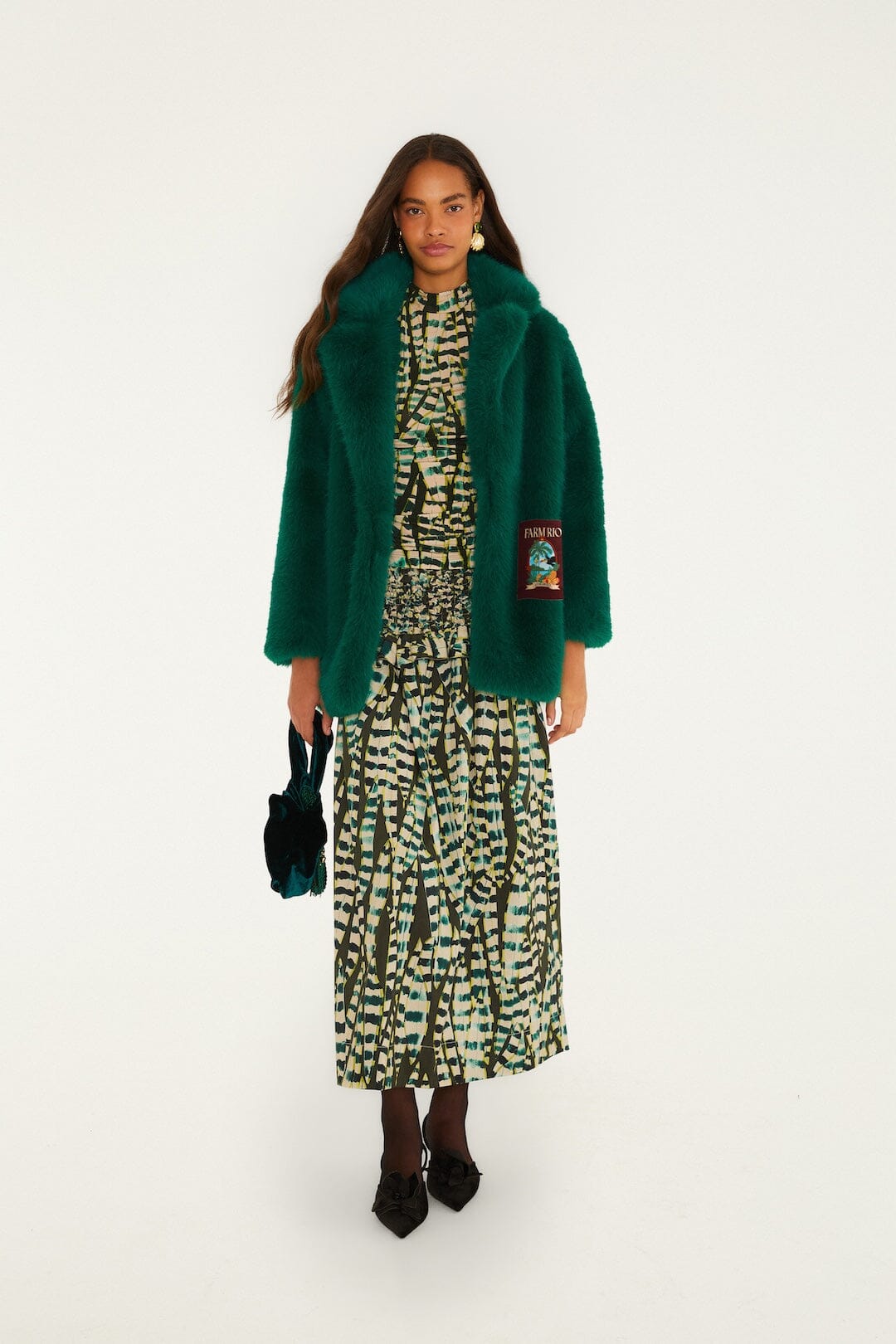 FARM Rio model wearing the Latino America Notched Lapel Faux Fur Coat