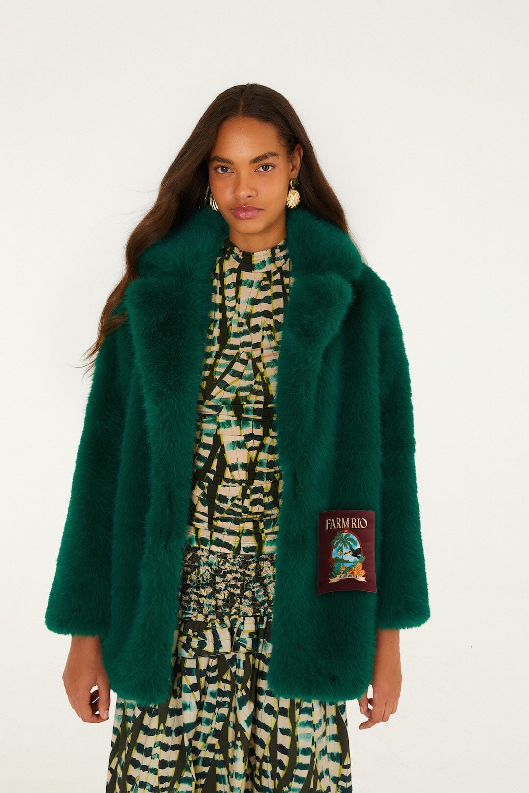 FARM Rio model wearing the Latino America Notched Lapel Faux Fur Coat