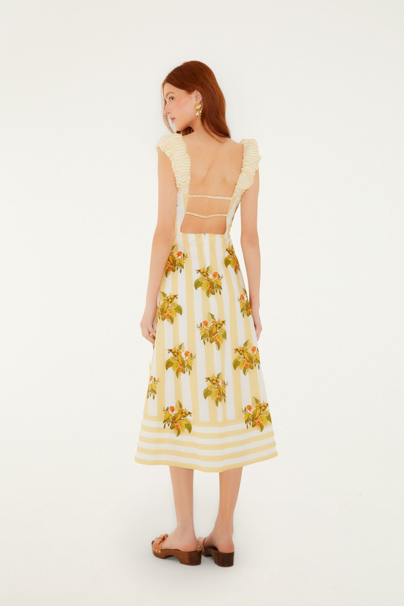 FARM Rio model wearing the Lemon Birds Multicolor Cropped Dress
