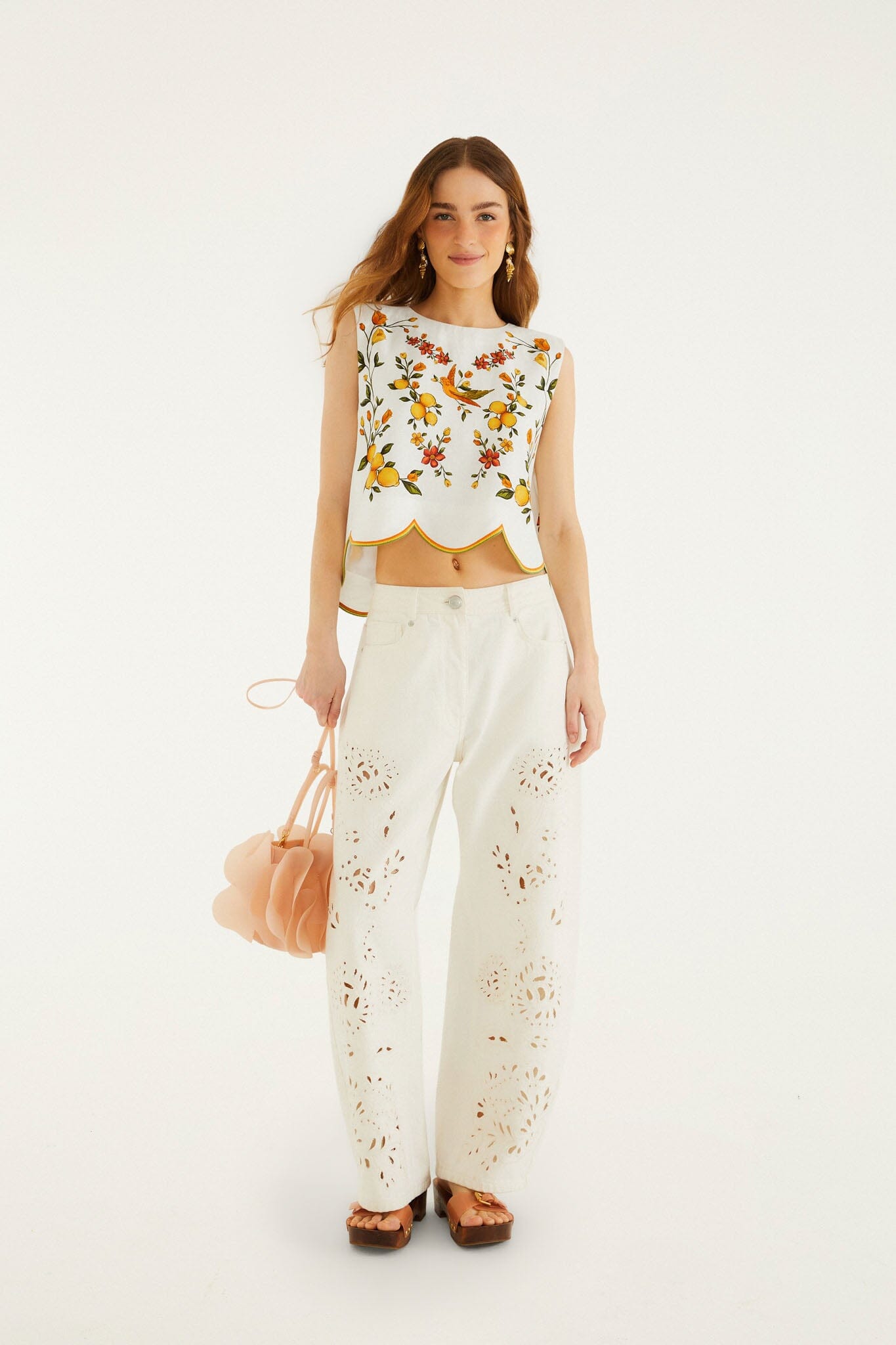 FARM Rio model wearing the Lemon Bouquet Off-White Blouse