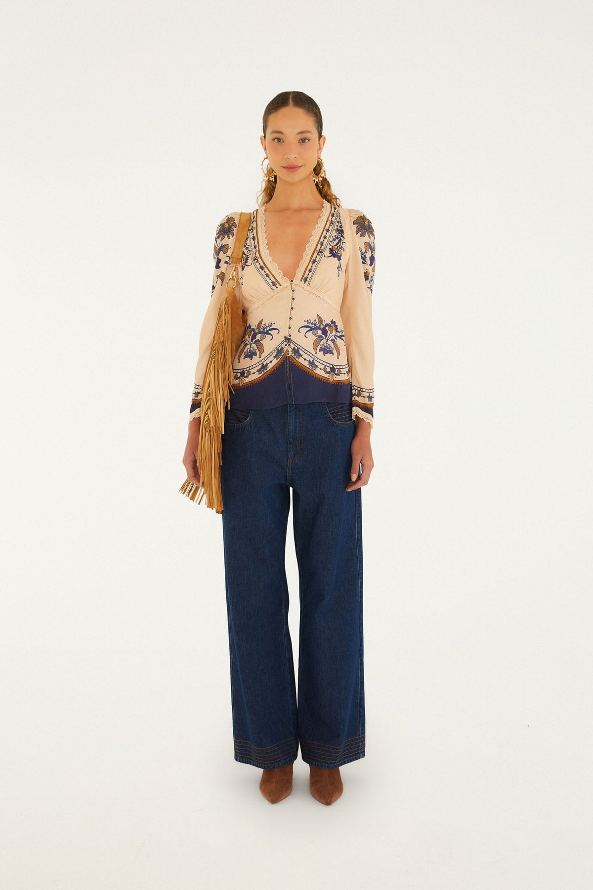 FARM Rio model wearing the Liz Lace Buttoned Blouse