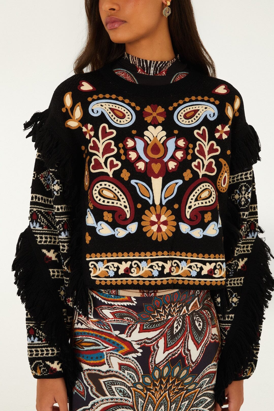 Maglione lavorato con frange Cornelli e motivo paisley Love