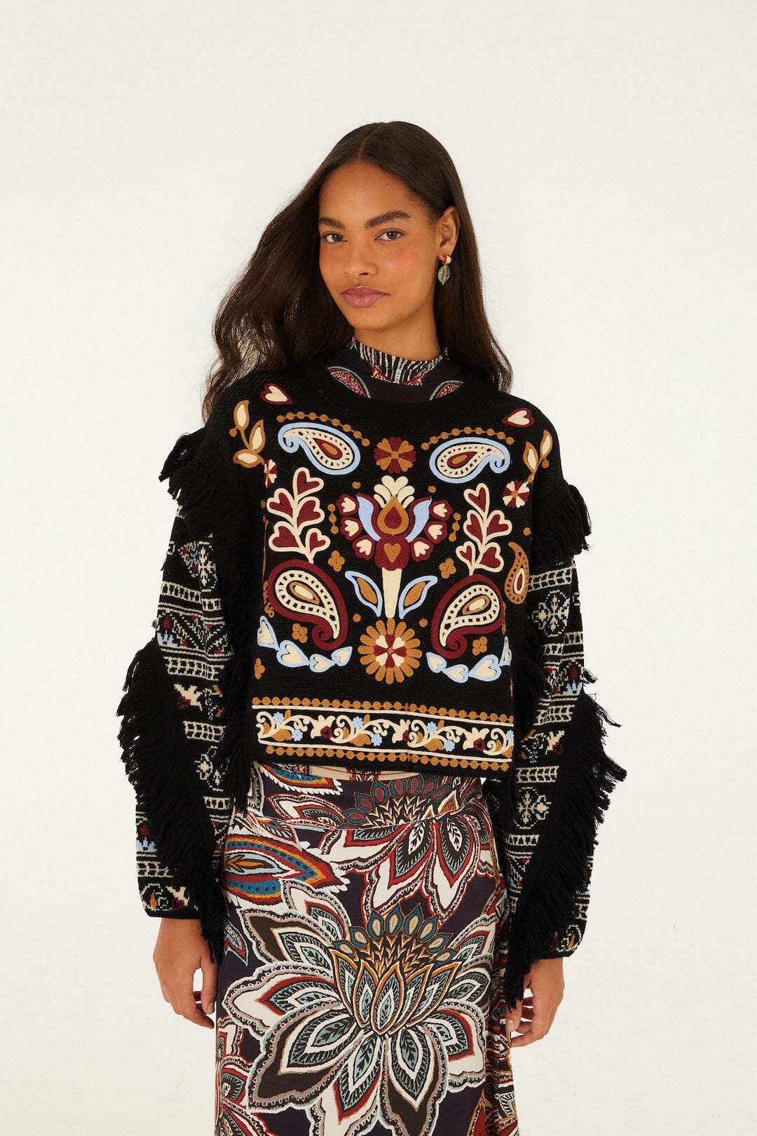 Maglione lavorato con frange Cornelli e motivo paisley Love