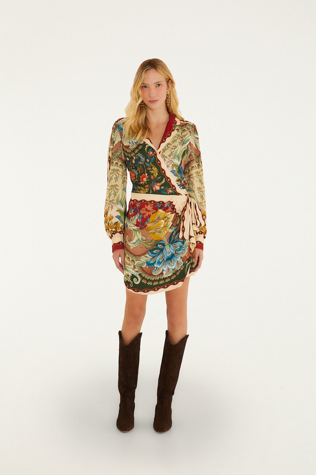 FARM Rio model wearing the Lunar Boho Chemise Wrap Mini Dress