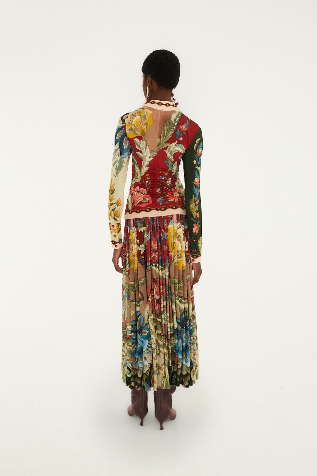 FARM Rio model wearing the Lunar Boho Pleated Midi Skirt