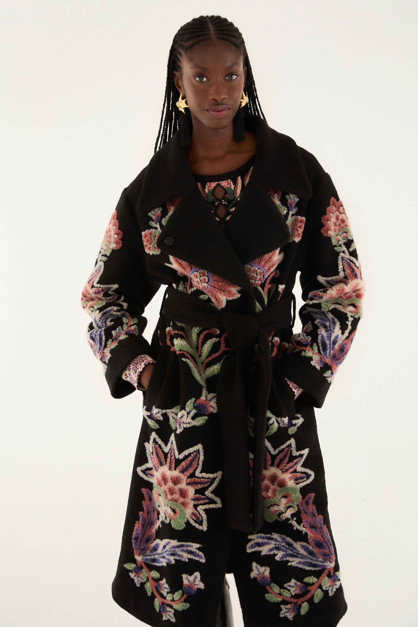 FARM Rio model wearing the Marvelous Garden Fleece Coat