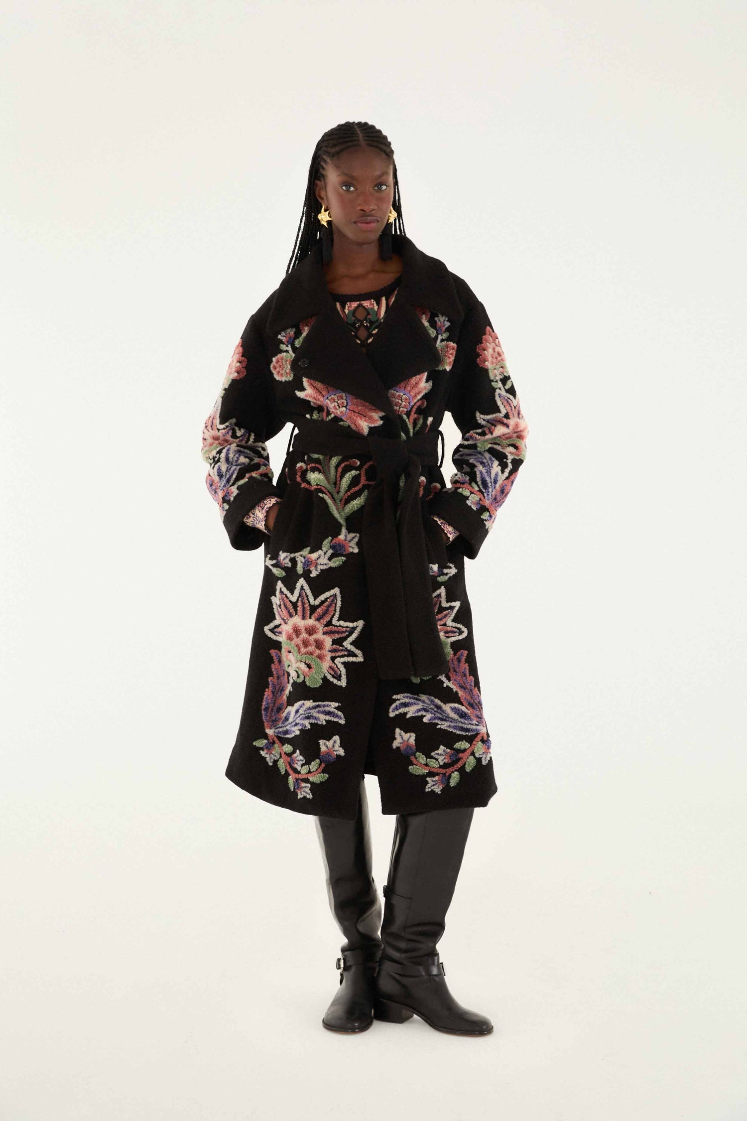 FARM Rio model wearing the Marvelous Garden Fleece Coat