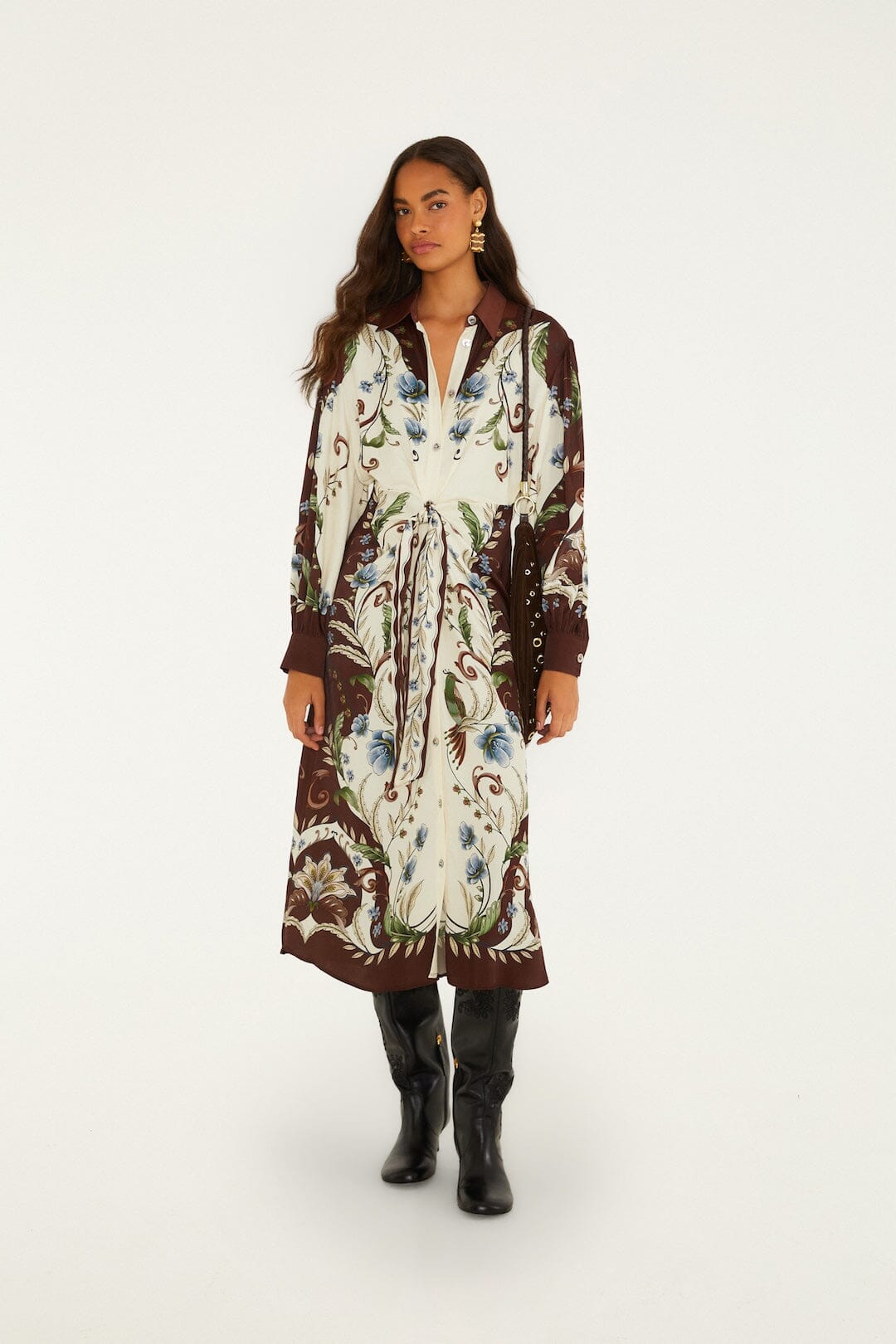 FARM Rio model wearing the Millena Collared Buttoned Midi Dress