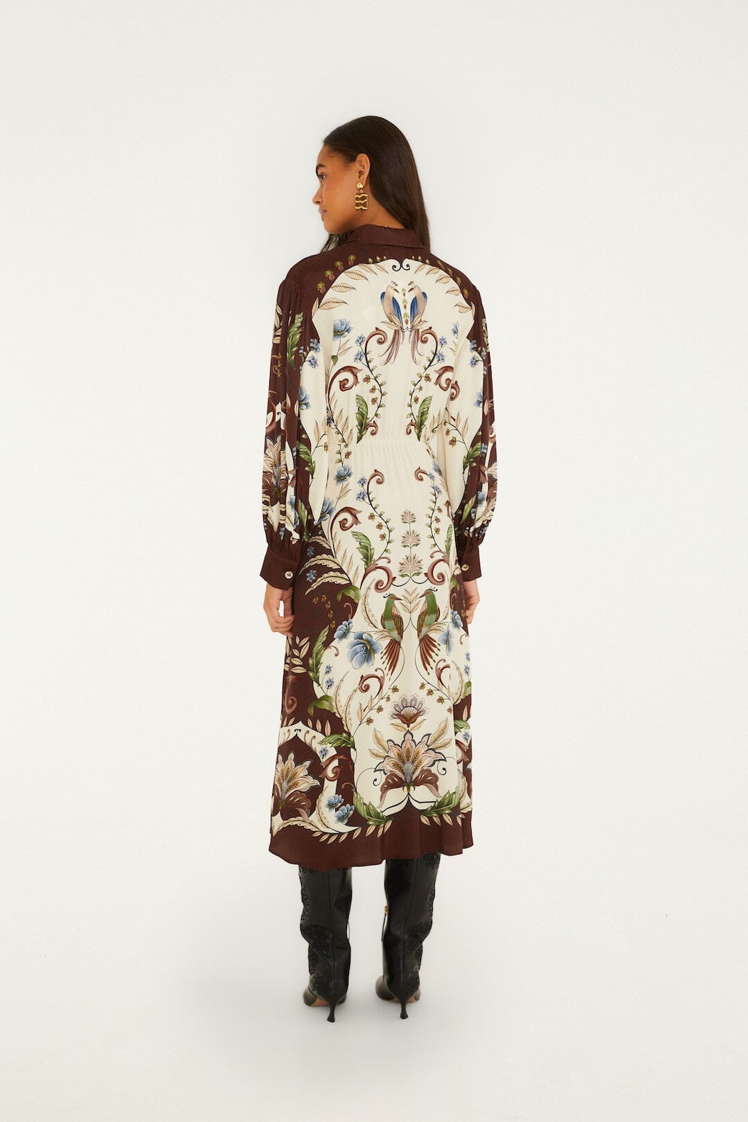 FARM Rio model wearing the Millena Collared Buttoned Midi Dress