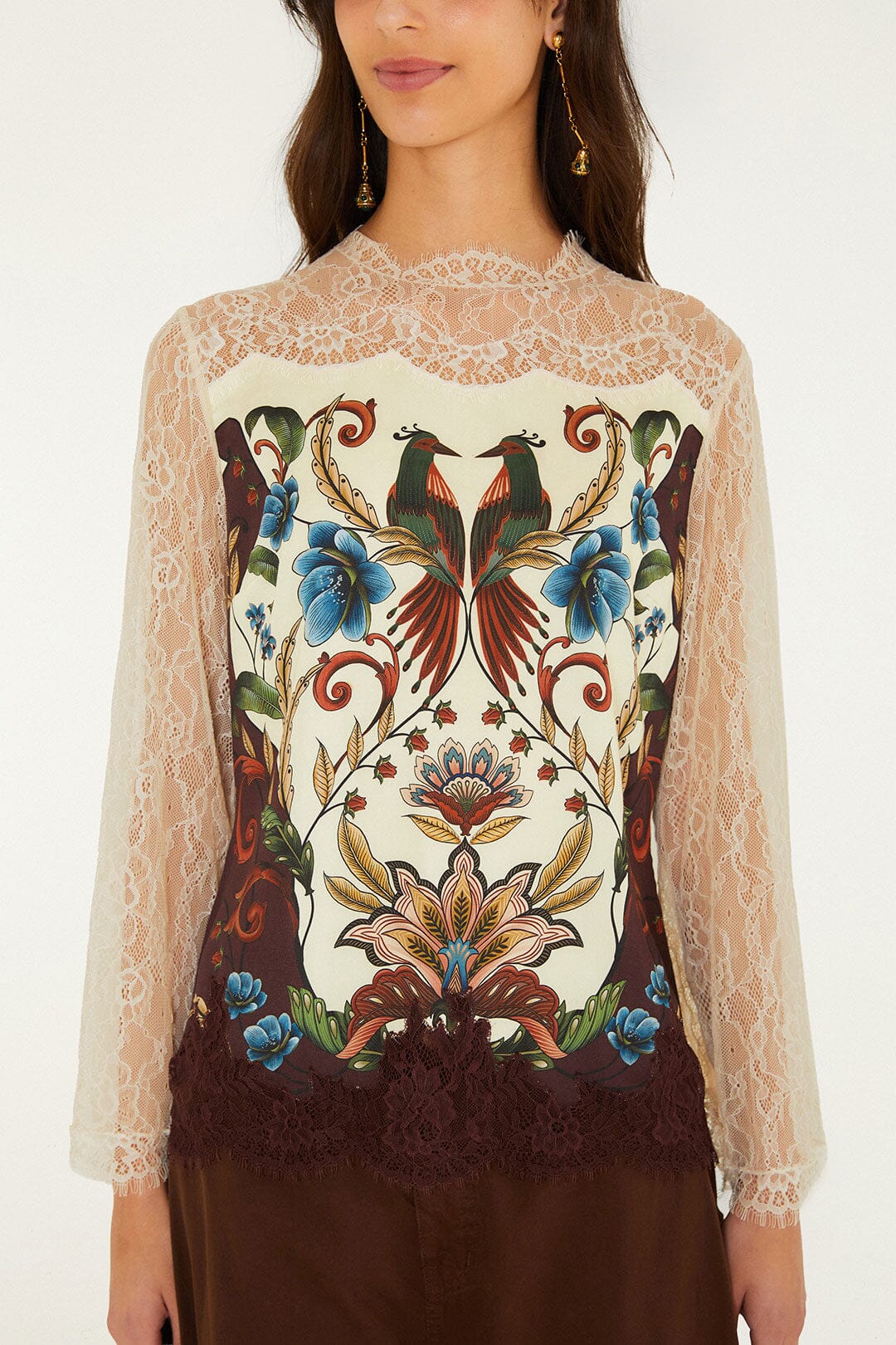 FARM Rio model wearing the Millena Lace Long Sleeve Blouse