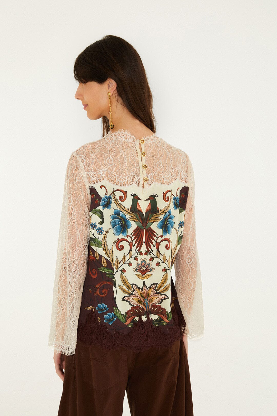 FARM Rio model wearing the Millena Lace Long Sleeve Blouse