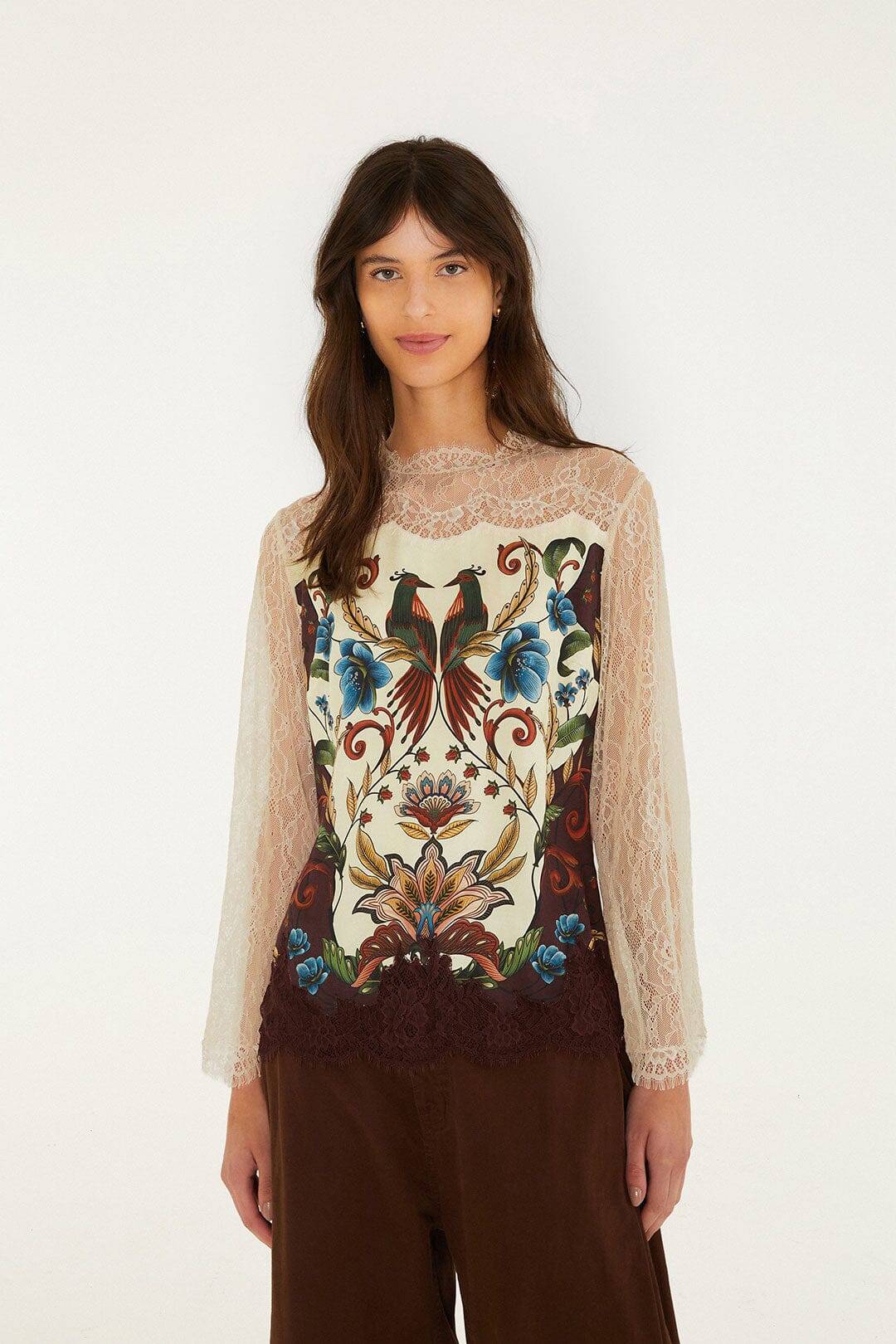FARM Rio model wearing the Millena Lace Long Sleeve Blouse