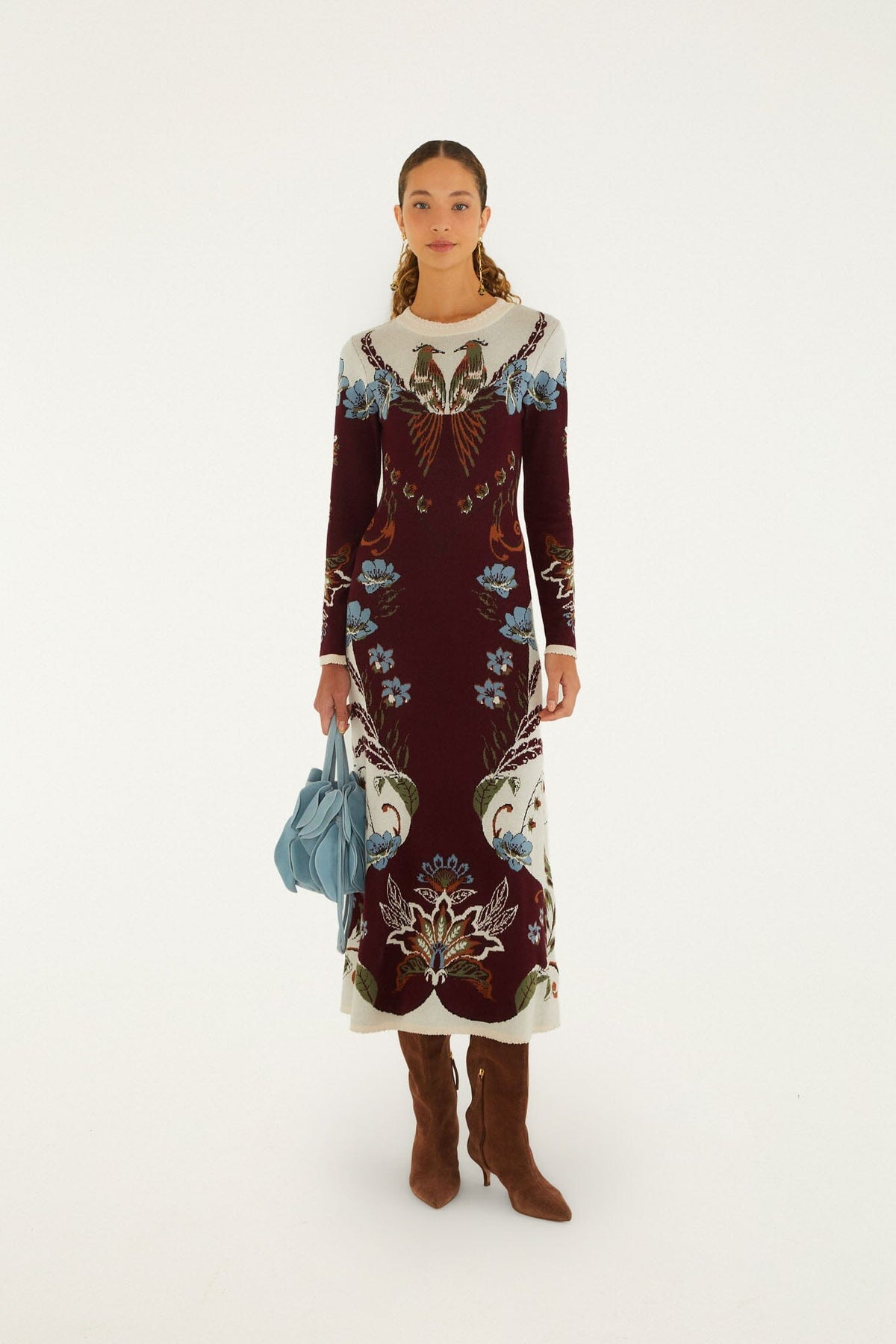 FARM Rio model wearing the Millena Long Sleeve Knit Midi Dress
