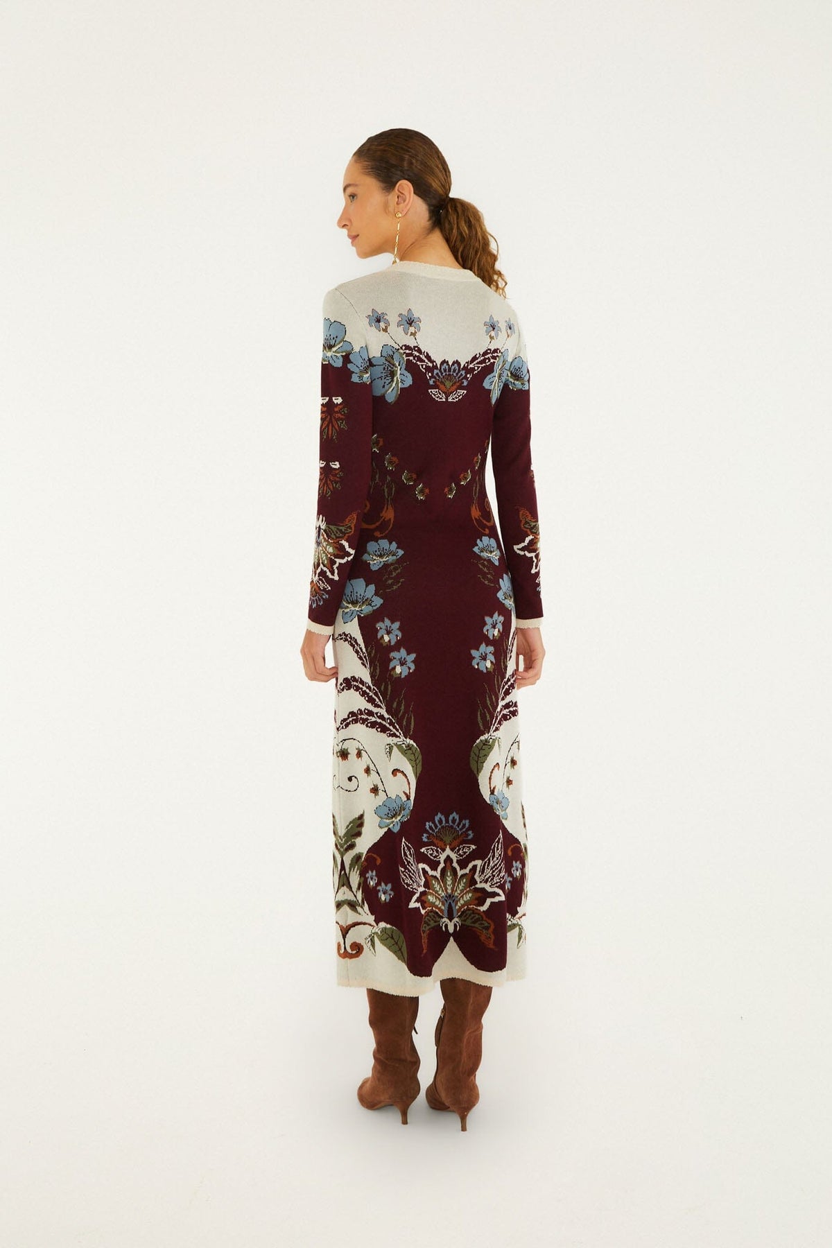 FARM Rio model wearing the Millena Long Sleeve Knit Midi Dress