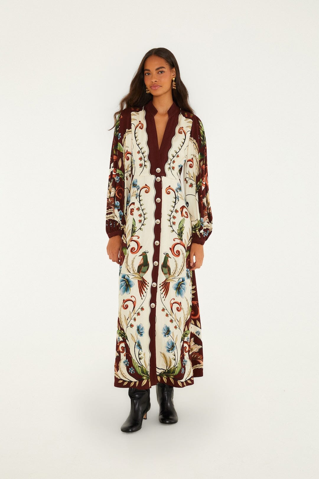 FARM Rio model wearing the Millena Winter White Maxi Dress