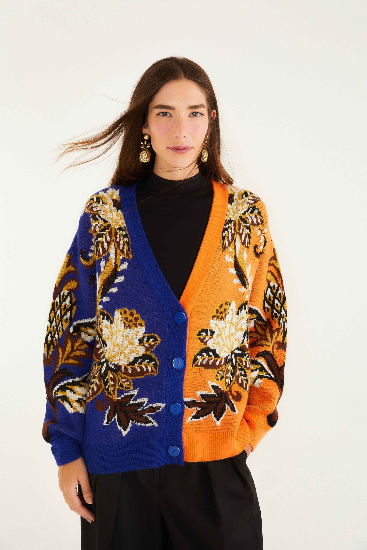 FARM Rio model wearing the Mixed Arabesque Paradise Knit Cardigan