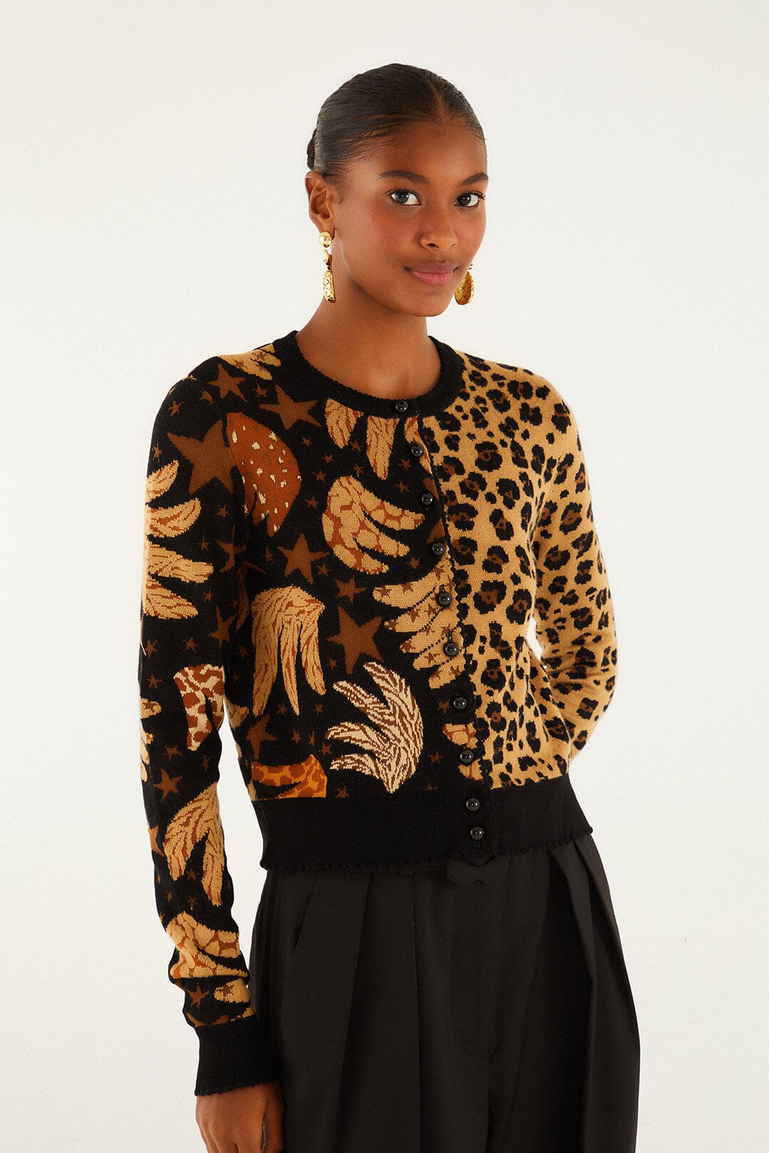 FARM Rio model wearing the Mixed Banana Leopard Buttoned Cardigan